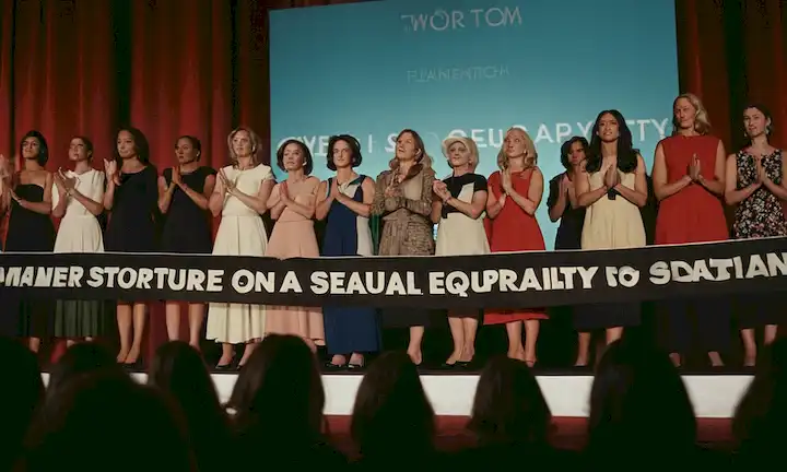 Un grupo de mujeres poderosas que se unen en el escenario en medio del aplauso como una pancarta muestra hacia la igualdad de género con el subtítulo Canciones contra la violencia sexual: cinco historias que potencian) en grandes cartas, representando la conclusión final de un importante mitin de derechos de la mujer.