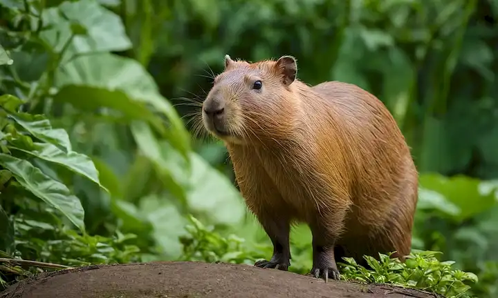 Una capybara de pie en un exuberante ambiente amazónico con plantas y otra fauna.