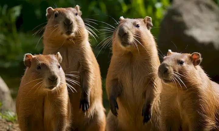 Capybaras en varios ambientes, con termómetros y gráficos que muestran su temperatura corporal única.