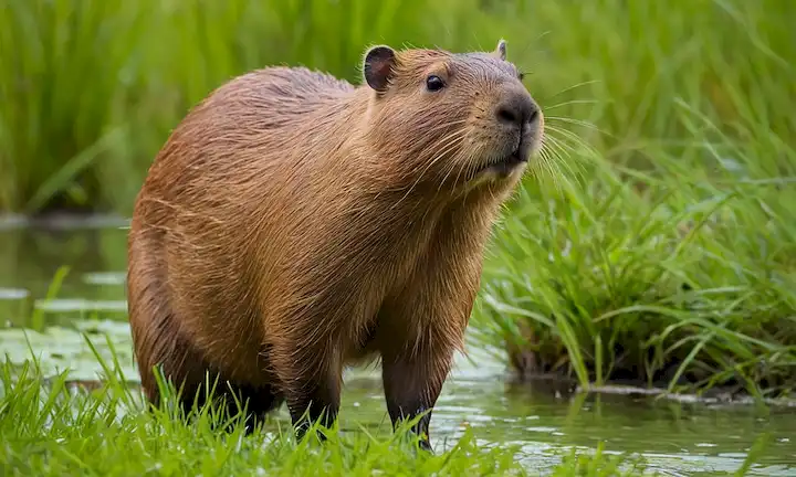 Un capybara de pie en un exuberante entorno de humedales con un sutil toque de éxito de conservación.