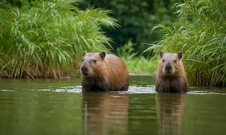 Capybaras en agua con exuberante vegetación en el fondo.