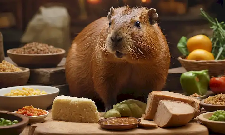 Ilustración de una capybara con varias opciones de alimentos y diagramas evolutivos en el fondo.