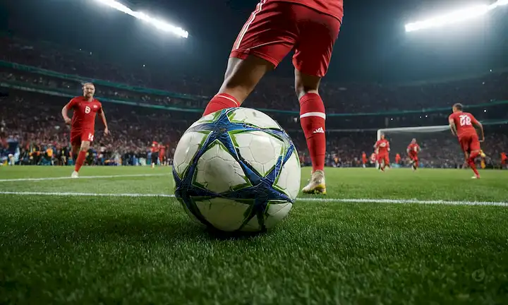 3D verde césped, futbolistas en acción, hoja de césped sintético, primer plano de cleats raspando hierba, bola volando a través del aire, luces de estadio brillante, atleta celebrando gol, compañeros de equipo abrazando juntos, paisaje de césped sin caoutchouc, conceptos de diseño futurista