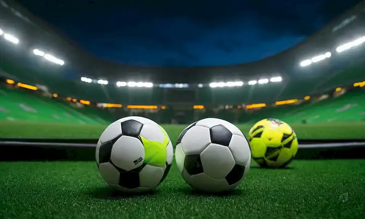 bolas de fútbol 3D en el aire, con asientos futuristas de estadio, acción borrosa en el campo, silueta de atletas, luces de neón, césped verde, y cinta de precaución alrededor de un pedazo perdido de la hierba artificial