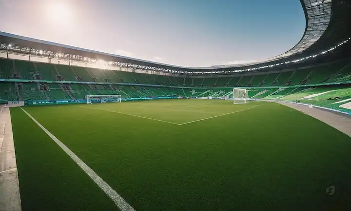 césped 3D, césped sintético, estadio futurista, tecnología verde, ecológico, paneles solares,<center><img decoding=
