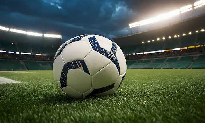 césped artificial 3D, hojas verdes, bola blanca, tacos, jugador en movimiento, luces del estadio, cielo dramático, acción dinámica
