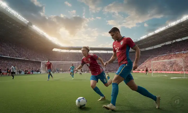 Campo de fútbol 3D con césped artificial, postes de meta en el fondo, jugadores (hombre y mujer) que llevan varios camisetas de colores, algunos con tacos o botas, otros descalzos, algunos con guardias de la cama, otros sin, escenas de media acción de paso, tiro, patadas, tackling, etc