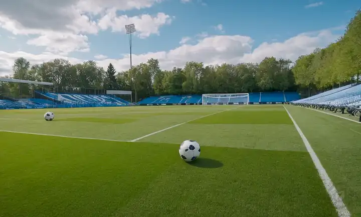 Verde, exuberante, campo pastoso con césped sintético, bolas de fútbol dispersas alrededor, árboles y flores cercanas, luz solar filtrando a través de nubes, cielo azul con pocas nubes brillantes, un toque de estadio sentado a distancia