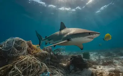 Un tiburón tigre nadando en medio de la contaminación y las redes de pesca descartadas.