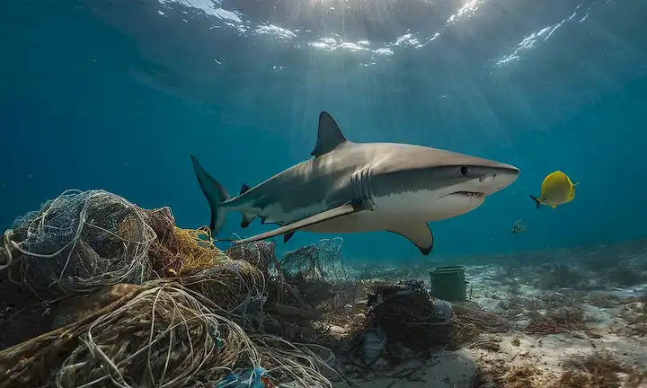 Un tiburón tigre nadando en medio de la contaminación y las redes de pesca descartadas.