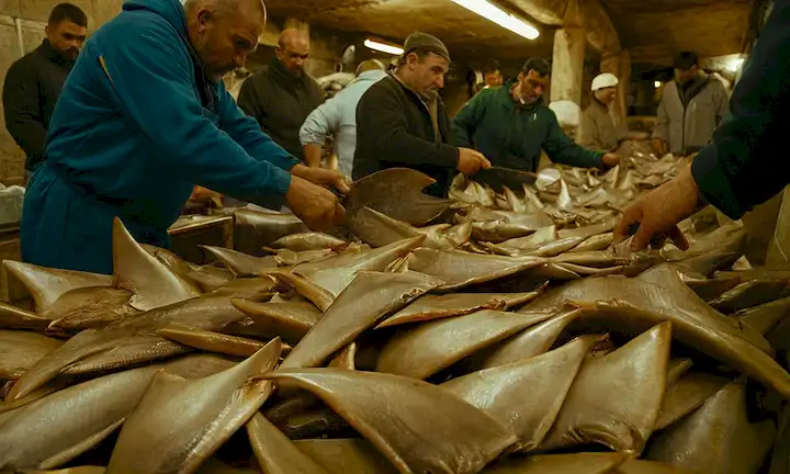 Un mercado de aletas de tiburón en España con pescadores y regulaciones que rodean a una población de especies vulnerables.