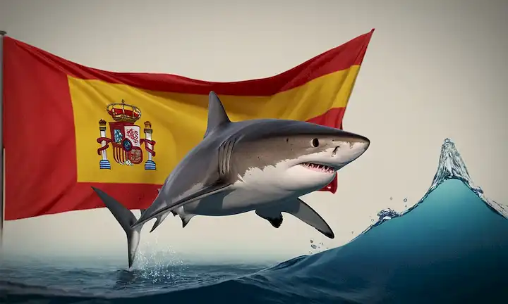Una bandera española con un tiburón en el centro, rodeada de gráficos y datos.