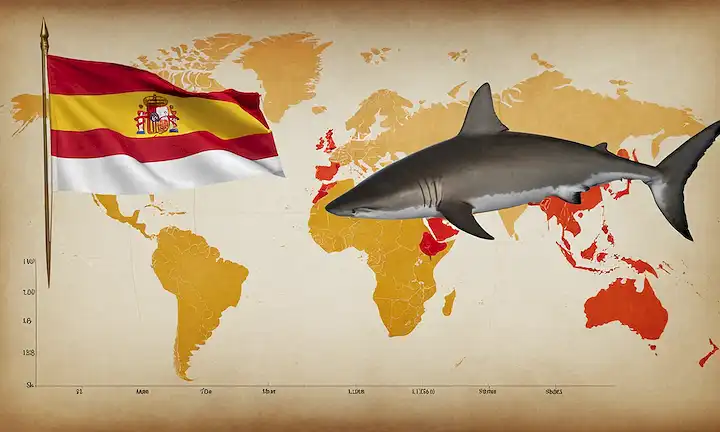 Una imagen que combina una bandera española con especies de tiburones en peligro y un gráfico que muestra niveles de comercio global inconsistentes.