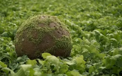 Un crecimiento fúngico masivo en un campo de fútbol cubierto de vides verdes y pequeños globos terrestres. (En español)