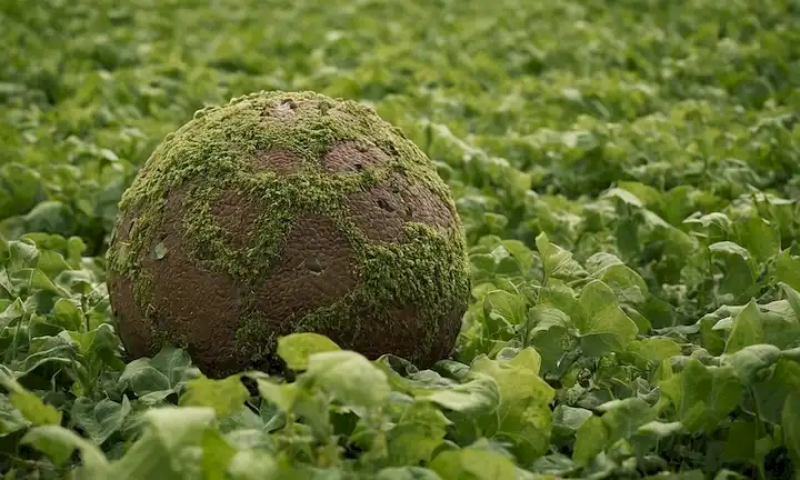 Un crecimiento fúngico masivo en un campo de fútbol cubierto de vides verdes y pequeños globos terrestres. (En español)