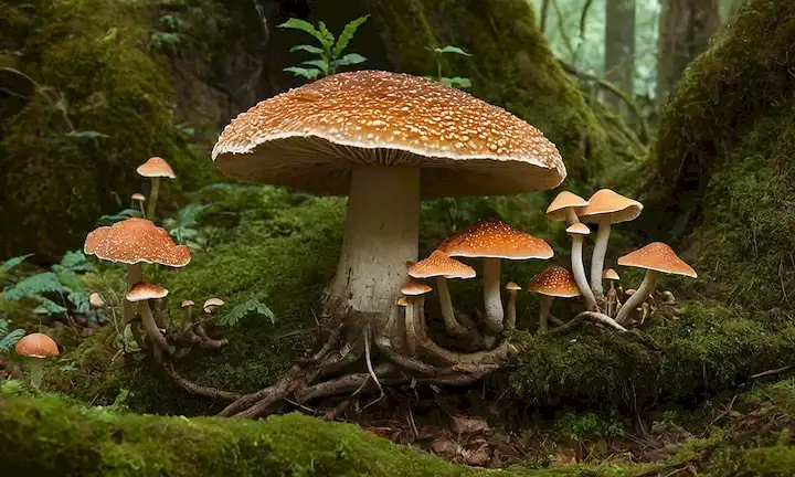 Una ilustración detallada y fascinante con un inusual reino de hongos con sus raíces y varias especies fúngicas, ilustrando el subtítulo de un libro titulado Las maravillas de Strange Fungi: Volumen I - El gigante del hongo.