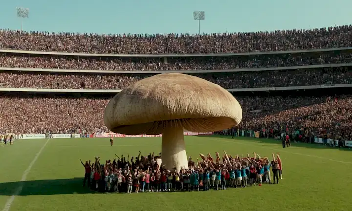 Crowd animando por un hongo gigante ilustrado como el subtítulo Recordatorio de la complejidad del mundo natural aparece en el fondo, con un campo de fútbol en el fondo que representa a las humanidades lugar dentro de la naturaleza.