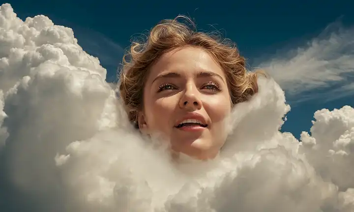 Cara querubín rodeada de nubes giratorias, representando el miedo a la felicidad.
