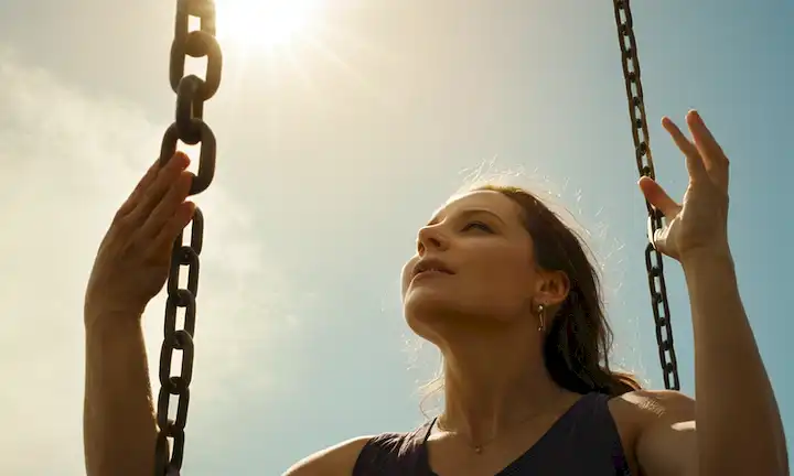 Una persona que se libera de cadenas para llegar al cielo con un fondo brillante y soleado.