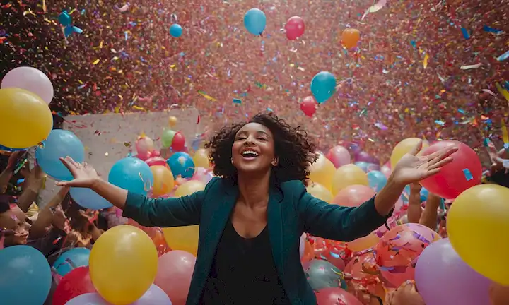 Una persona rodeada de globos y confeti, celebrando con alegría y libertad.