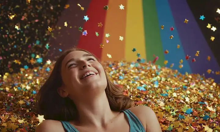 Una persona rodeada de estrellas caídas y confeti de arco iris, con una burbuja de pensamiento con un sol sonriente.