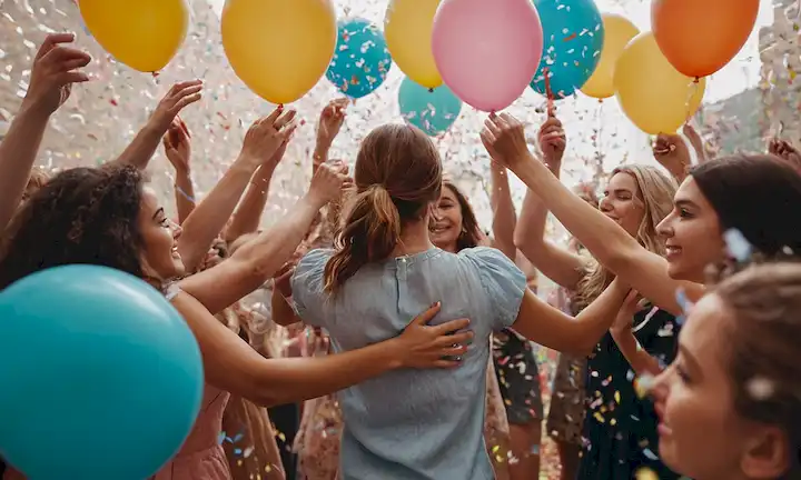 Una persona que sostiene las manos con otros, rodeado de confeti y globos, celebrando la felicidad.