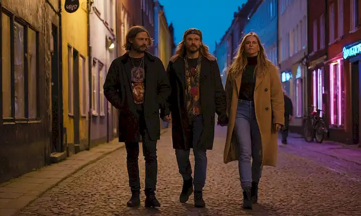 Personas enigmáticas caminando en Copenhague, con luces de neón y desgaste urbano grumoso. La historia de una improbable comunidad hippie de ensueño que se convirtió en un duro stand contra las drogas; ilustrado en las calles de la calle Pusher.