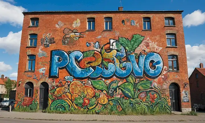 Intricate graffiti and urban street art detailing the story of a city facing various difficultys, including drug addict. Escrito en una fuente estilizada que se asemeja a cartas de Christiania, la ciudad conocida por la resistencia no violenta contra las drogas - Pusher Street. El gráfico ilustra aspectos arquitectónicos, culturales y sociales que reflejan los esfuerzos de Copenhague en el contexto de las duras realidades que enfrentan los residentes al tratar temas como la adicción. Este gráfico representa una amalgama de ideas sobre el esguince urbano, la cultura de las drogas y los sentimientos anti-establecimiento que caracterizan a Christiania.