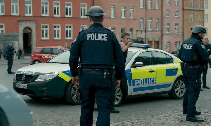 Police officers arresting criminals on a street amid a tense atmosphere, with cars and buildings in the background of Copenhagens pusher street. Participación en cuestiones relacionadas con las drogas, la prevención del delito y las prácticas de aplicación de la ley.