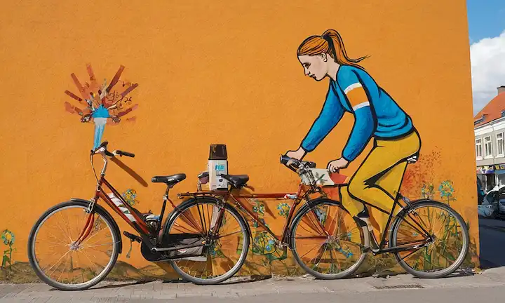 mural de arte callejero que representa detalles gráficos del uso indebido de drogas y los esfuerzos de las ciudades para combatirlo, con el símbolo pushbike de una cultura callejera danesa.
