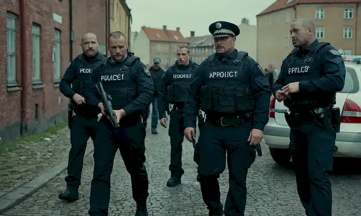 Escuadrón de agentes de orden público y adictos que superan los retos de la drogadicción en un entorno urbano y grato. En Copenhague, Dinamarca. (Se puede añadir un título después de la calle Pusher).