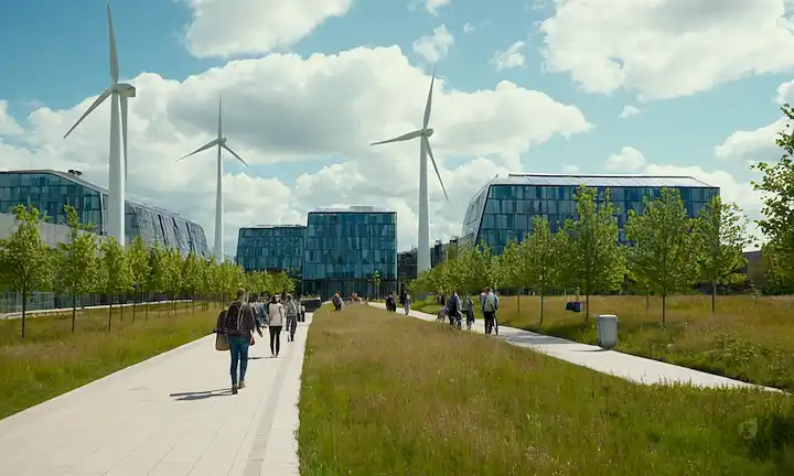 Green urban landscapes, people walking or biking, sustainable architecture, green roofs, solar panels, wind turbines, trees and parks, recycling bins, green spaces, a blue sky with white clouds, modern buildings, public transportation, a sense of harmony between nature and human life