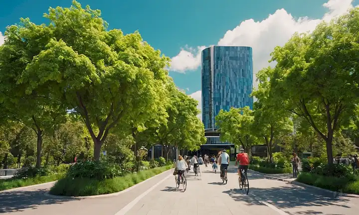 Vibrant greenery, cityscape, public art, water features, walkways<center><img data-lazyloaded=