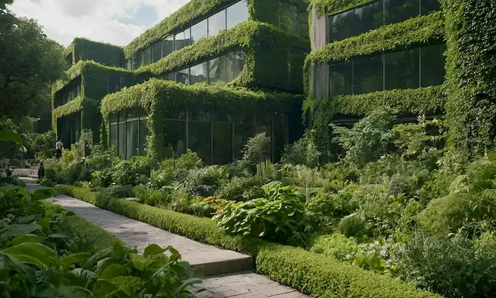 edificios cubiertos de vegetación, exuberantes jardines, arquitectura futurista, símbolos energéticos sostenibles, vida silvestre urbana, instalaciones de reciclaje, modos de transporte ecológicos, componentes tecnológicos innovadores, elementos de diseño inspirados en la naturaleza