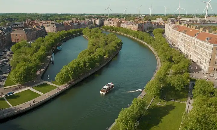 Paisaje urbano 3D, azoteas verdes, turbinas de viento, botes de canales, luces portuarias, arquitectura sostenible, espacios de parques, ciclistas, peatones, edificios de uso mixto, árboles, cielo