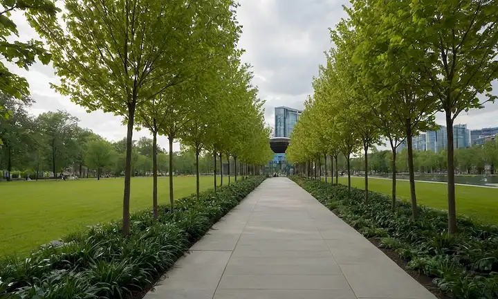 Vibrant greenery, cityscape, public art, water features, walkways<center><img decoding=