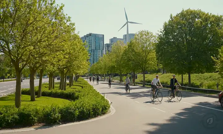 Espacios verdes limpios, paneles solares en tejados, turbinas eólicas en el fondo, arquitectura moderna con características de diseño sostenible, árboles y parques integrados en paisaje urbano, opciones de transporte verde como carriles de bicicletas y autobuses eléctricos, gente caminando o ciclismo disfrutando de actividades al aire libre