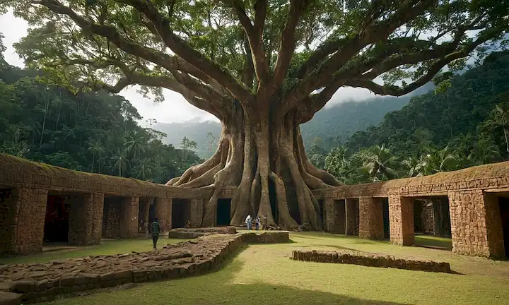 Un equipo que revela una figura humana avanzada con características sofisticadas, escondida detrás de una estructura gigante tipo árbol en un entorno urbano inspirado en la ciudad de Ciudad Perdida de la Amazonía. La imagen muestra un avance arqueológico que descubre una civilización precolombina de la ciudad de la selva. Esto representa una visión futura de preservar la historia y la cultura a través de esfuerzos de investigación, arte y preservación en esta ciudad histórica, conectada con el legado único de Amazonias.