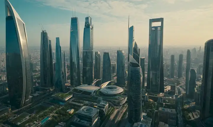 Un futurista paisaje urbano con rascacielos brillantes y sistemas energéticos sostenibles.