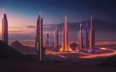 Un futurista paisaje urbano con rascacielos elegantes y luces de neón saliendo del paisaje del desierto.
