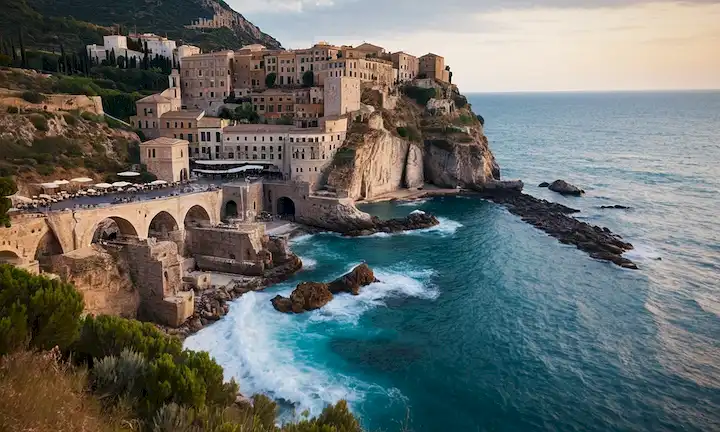 Una ciudad romana escondida bajo el mar Mediterráneo, con ondas suavemente latiendo alrededor de sus piedras antiguas.