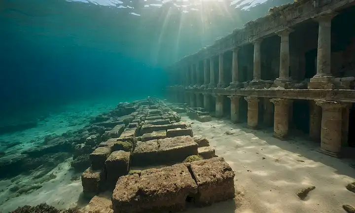 Luces brillando en la ciudad sumergida revelando antiguas ruinas romanas bajo el mar Mediterráneo. (En inglés estándar) o El viaje de regreso a la antigüedad, profundo bajo las aguas brillantes del Mediterráneo con la ciudad hundida de Baia (en un tono más inmersivo).