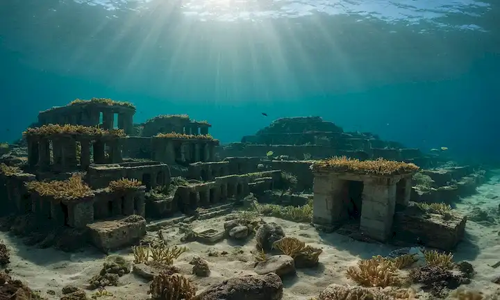 Ciudad de skyline bajo el mar con antiguas ruinas romanas y símbolo de preservación ecológica en el fondo. En inglés: The significance of marine ecosystem preservation in the summerged city under the Mediterranean Sea.