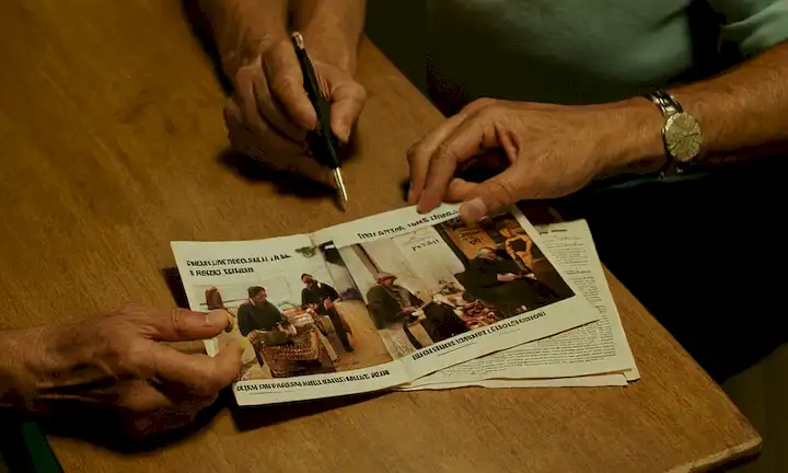 El orador español discutió el videoclip documental mientras miraba los materiales impresos sobre las realidades de la pobreza en España, mostrando imágenes relacionadas con el hambre.