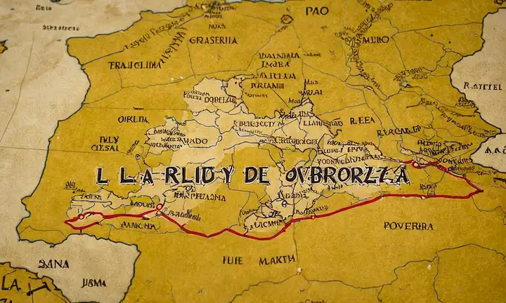 Un mapa detallado que muestra las regiones afectadas por la pobreza con la frase La cruda realidad de la pobreza sobresale en español. El texto se refiere a las causas de la pobreza y la inseguridad alimentaria en España (región Castilla-La Mancha). Podría ser una declaración política o social encaminada a sensibilizar al respecto.
