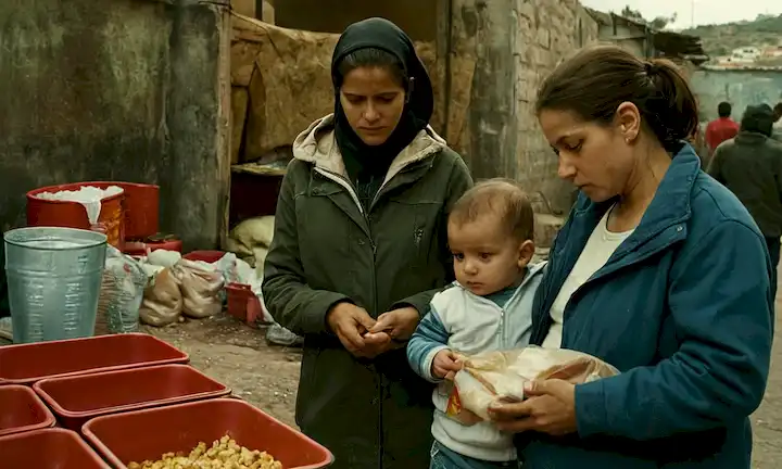 Las mujeres que tienen bebés mientras están al lado de carritos y latas de alimentos vacíos en una zona urbana. El subtítulo implica que la frase española original (traducida al inglés como The Faces of Poverty: Vulnerable Groups in Spains Hunger Pangs or Spains Hunger Crisis: Harsh Reality of Poverty) aborda la cuestión de la pobreza que enfrentan los grupos vulnerables en España durante el programa Cola Hahnemühle 2010-2012. Como una sola línea, implica que la pobreza no es un concepto abstracto para muchas personas y familias de todo el mundo, sino una dura realidad que afecta a individuos y comunidades específicos.