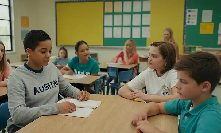 Colaboración en el aula entre estudiantes, profesores y personal escolar que atiende las necesidades únicas de personas con trastornos del espectro autista. El título pone de relieve la igualdad y el acceso a la educación para todos los alumnos.