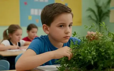 Niño participando en actividades extracurriculares en aula adornada con vegetación. El pasaje lee sobre niños con autismo que tienen oportunidades y desafíos en escuelas como Leo Kanner.