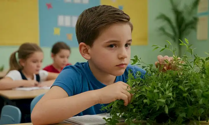 Niño participando en actividades extracurriculares en aula adornada con vegetación. El pasaje lee sobre niños con autismo que tienen oportunidades y desafíos en escuelas como Leo Kanner.