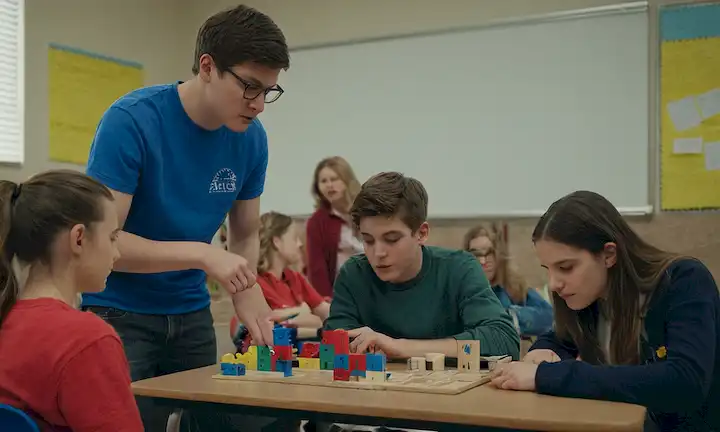 Estudiantes de varias edades colaborando en un proyecto de diseño inclusivo en un aula con ayudas visuales que muestran retos y oportunidades para las personas que viven con autismo. El texto pone de relieve la importancia de la inclusión, la educación y el apoyo en la creación de comunidades que acepten diferencias para empoderar a las personas con autismo.